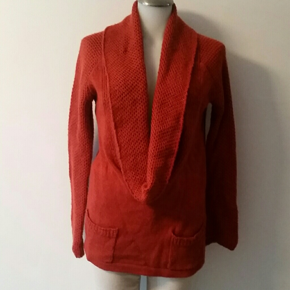 Rust mid thigh deep cowl neck sweater.